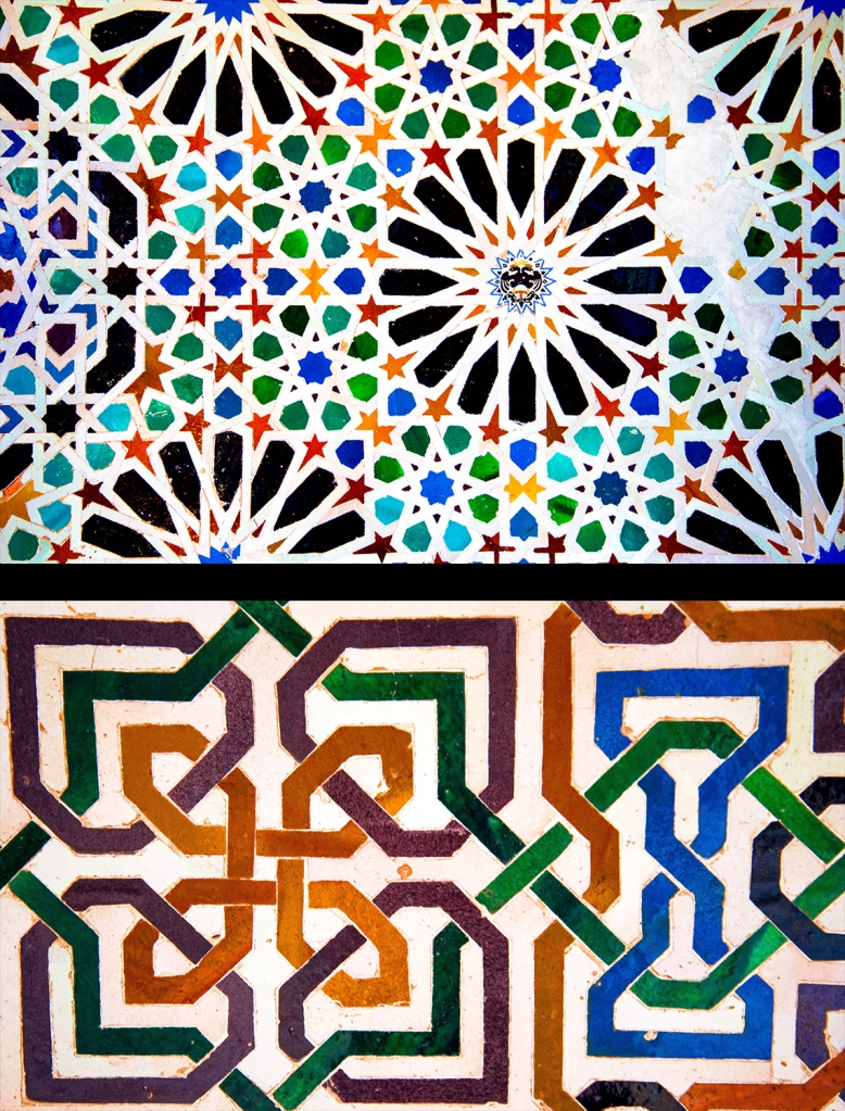 Arabic geometric tile patterns found on walls at La Alhambra, Granada, Spain; photos by Anita Sagastegui.