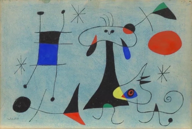 A painting called Figure, dog, birds, by Joan Miró, 1946