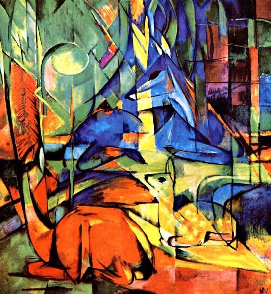 Deer in the Forest II, Franz Marc, 1914. A refracted, abstracted painting of three deer (one red, one blue, one yellow)