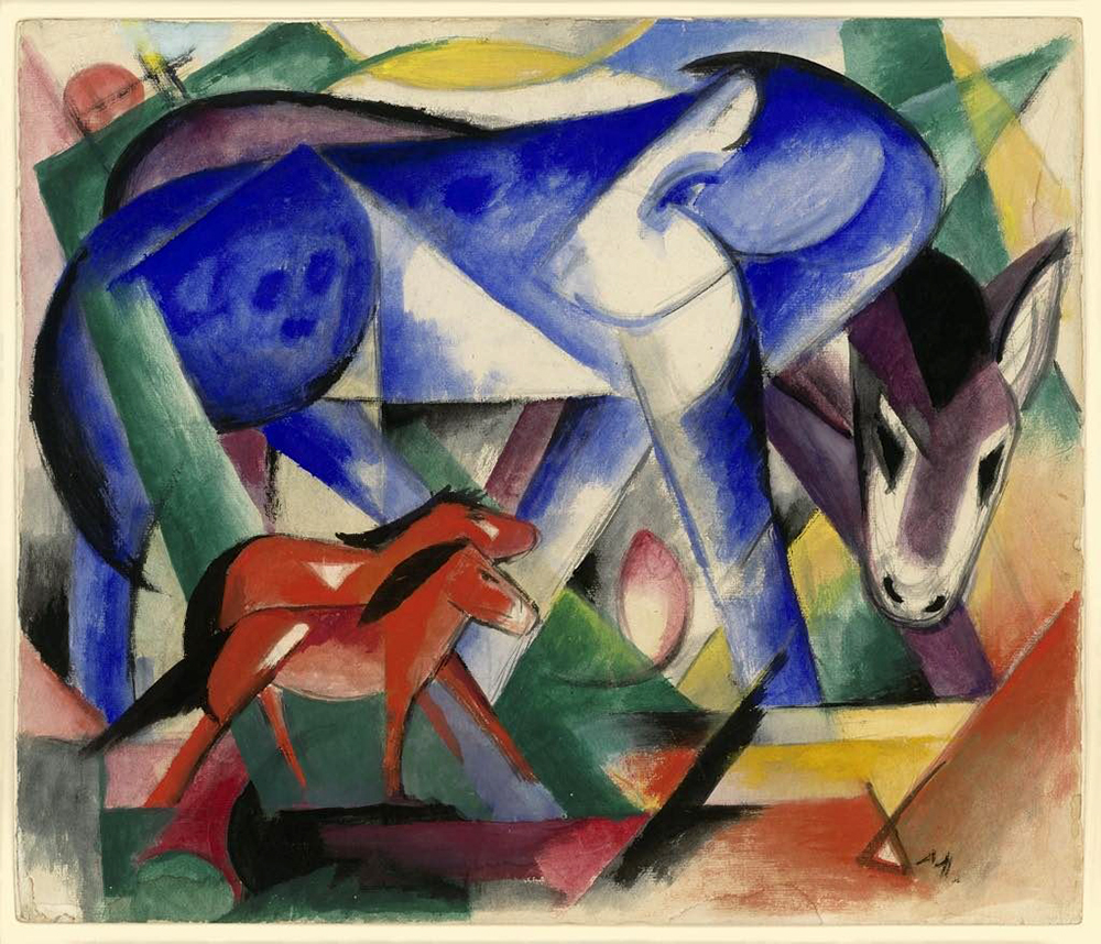 The First Animals, Franz Marc, 1913. A refracted, abstracted painting of four horses, two large, two small. The two large are gray and blue, the two small are red.