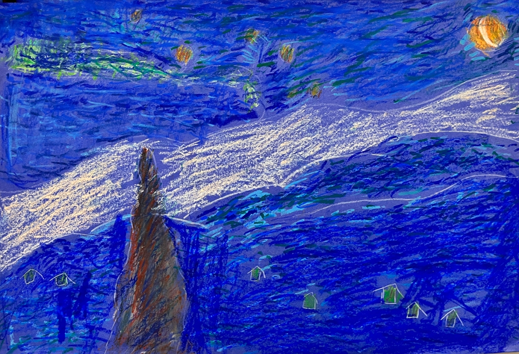 Another example of a first grade student's recreation of Vincent van Gogh's Starry Night in oil pastel