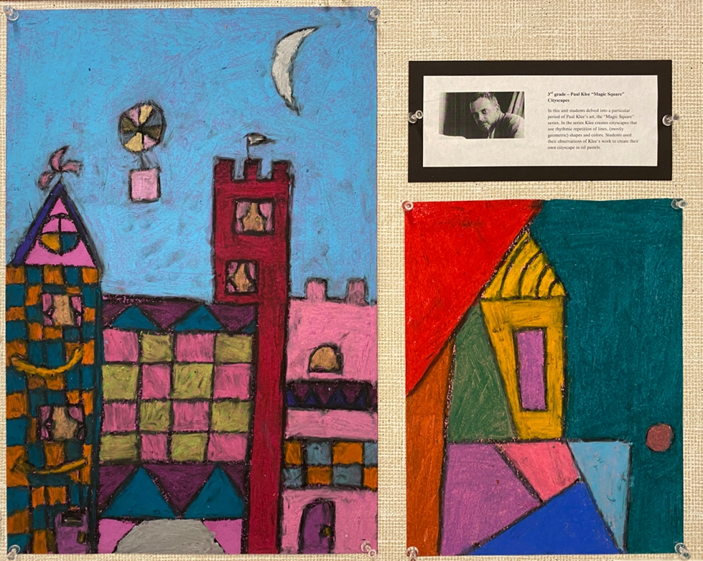 Two 3rd grade student's oil pastel magic square cities