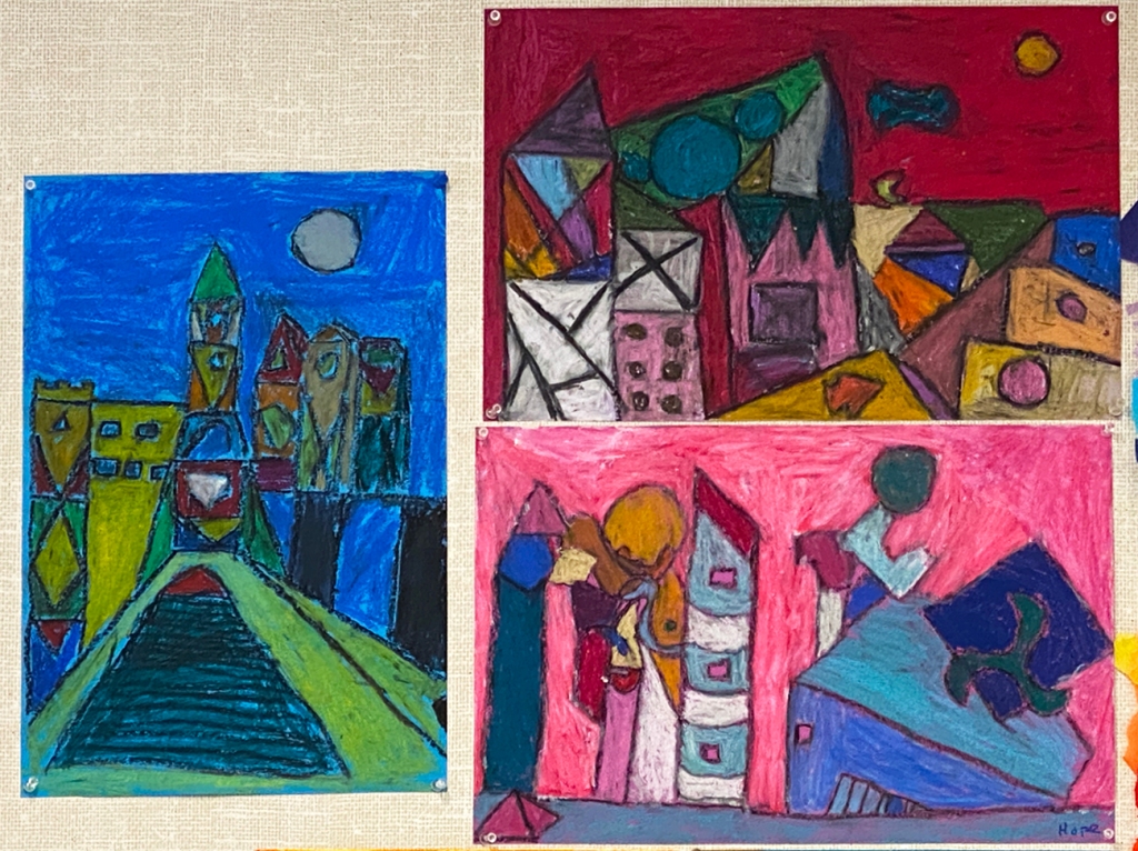 Three 3rd grade student's oil pastel magic square cities